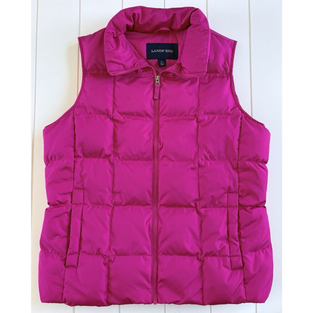 Lands End Pink Quilted Down Puffer Vest Full Zip Womens L 14-16 Fuchsia Outdoors